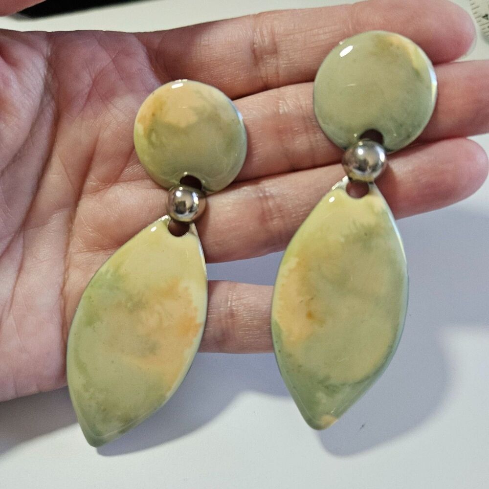 Silver Tone Green And Pink Swirly Enamel Dangling Statement Earrings